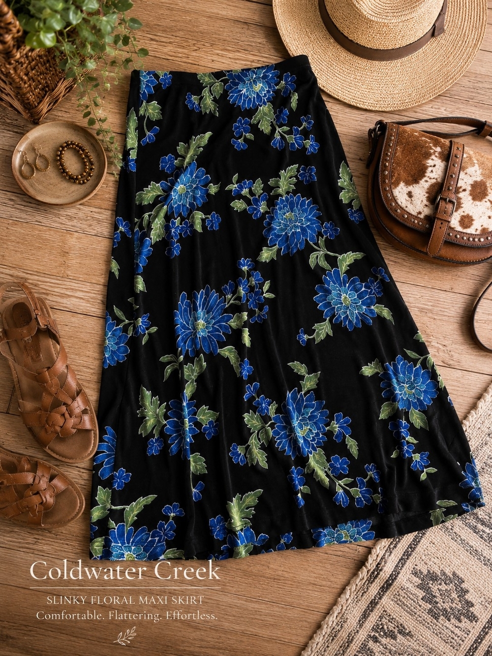 Coldwater Creek Slinky Floral Midi Skirt Black Blue Green